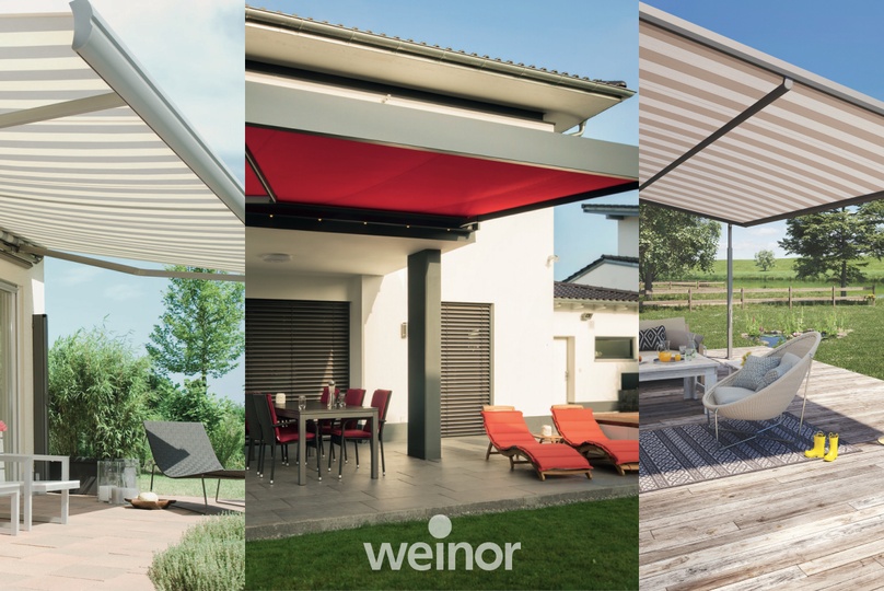 Drei Szenen mit modernen Terrassenmarkisen und Pergolen.