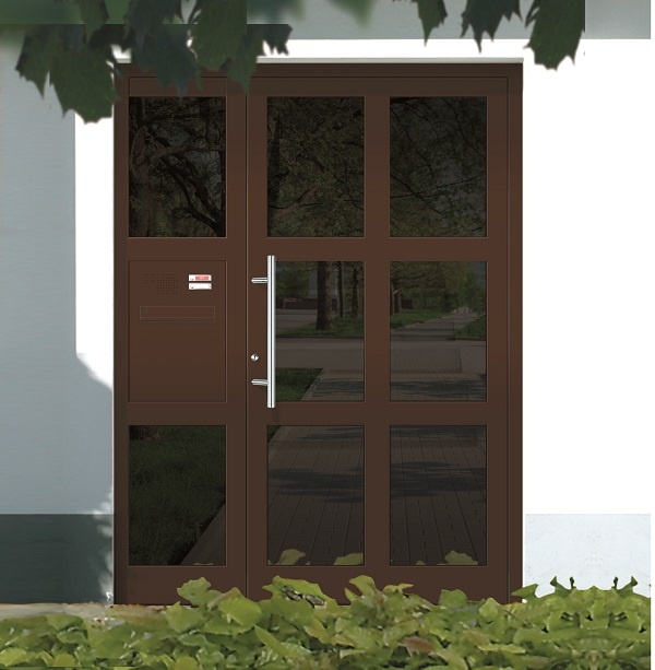 Moderne braune Tür mit Glasfeldern und silbernem Griff, Außenansicht.