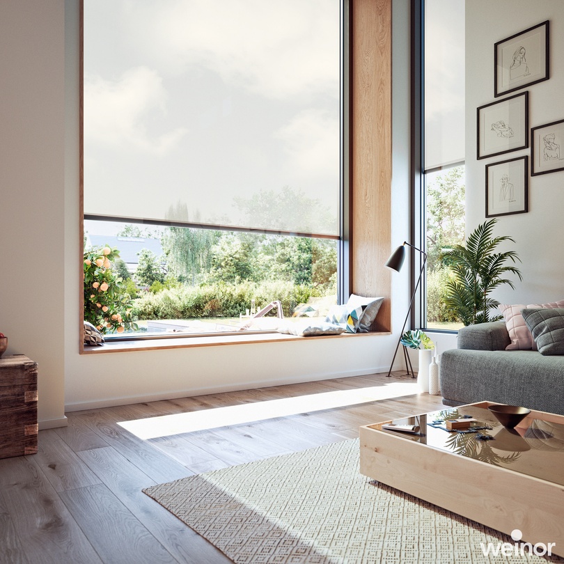 Große Glasfront in modernem Wohnraum mit unauffälligem Sonnenschutz außen