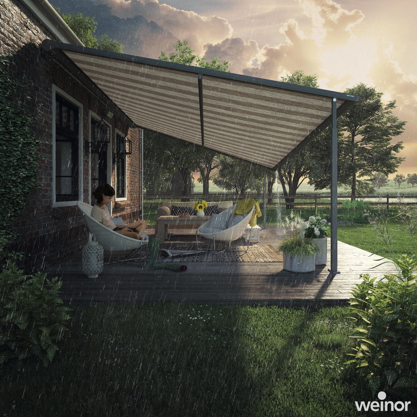Pergola-Markise schützt die Terrasse bei Regen