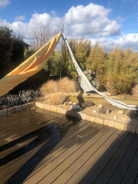Sonnensegel Terrasse mit Sturmschaden