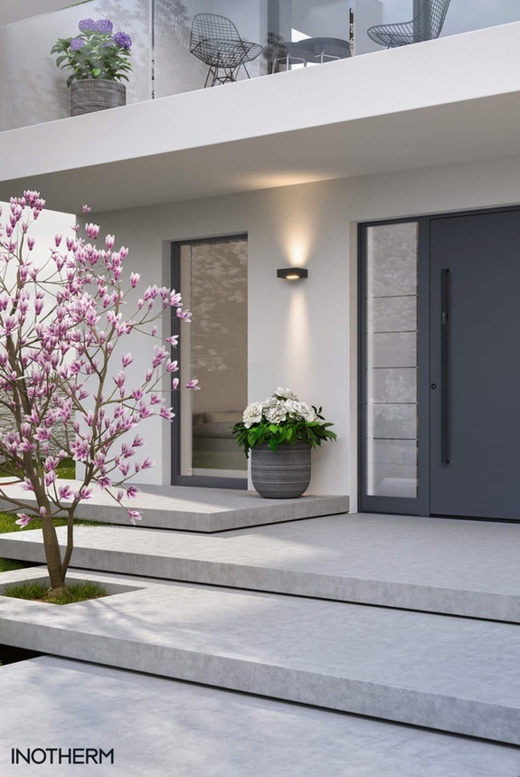 Architektur-Rendering: Moderner Eingang mit grauer Tür, blühendem Magnolienbaum.